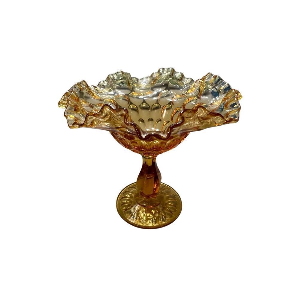 Vintage Fenton Hobnail Ruffled Edge Compote Art Glass Honey Amber Size 7"